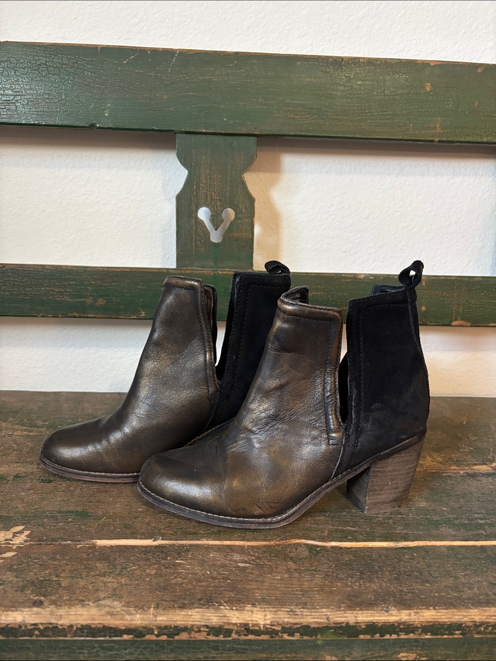 Women's Black Leather & Suede Ankle Booties with Block Heel